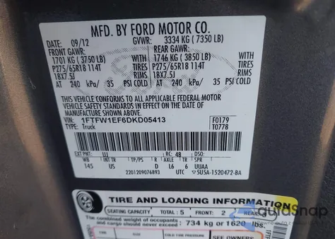 2013 Ford F-150 Xlt из США, поврежденный, VIN 1FTFW1EF6DKD05413